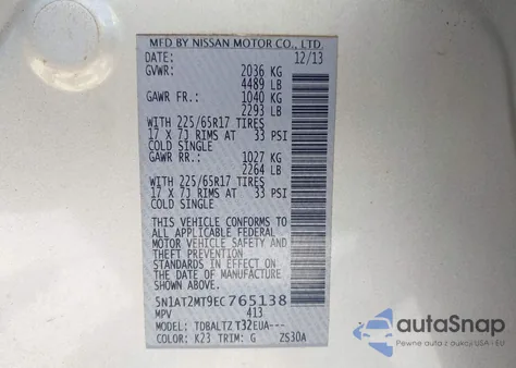 2014 Nissan Rogue Sv из США, поврежденный, VIN 5N1AT2MT9EC765138